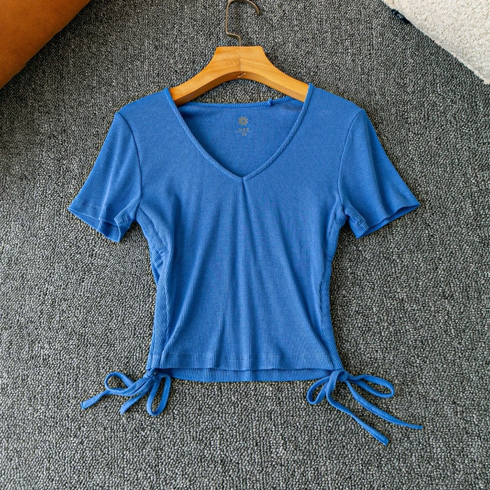 Blue Short Sleeve Women's Tee T-shirt ribbed top side string tie v neck